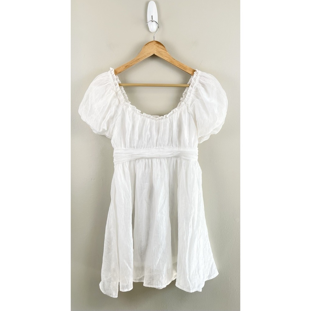 Ballon Sleeve Lace Up Back Mini Dress Coquette Soft Girl White Lined Sz M - Picture 3 of 10